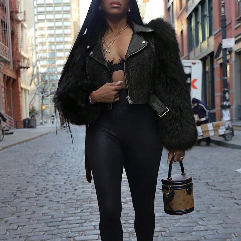 Black Casual Women's Fuzzy Zipper Contrast Faux Fur Coat And - Picture 3 of 4